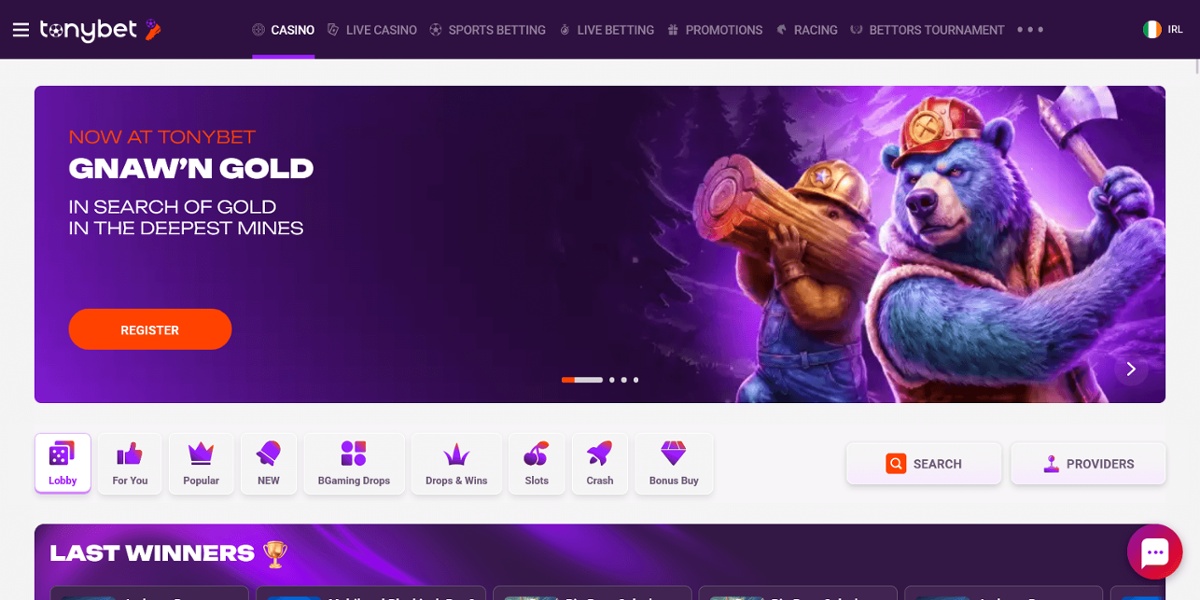 TonyBet homepage banner showing two cartoon bears dressed as miners promoting the Gnaw'n Gold slot game with a Register button.